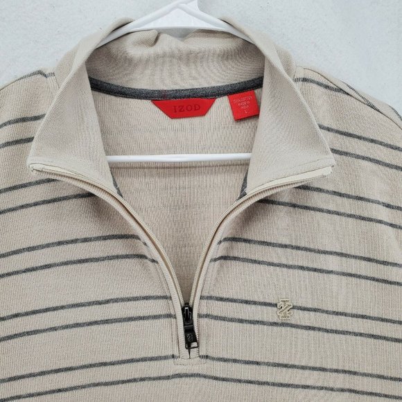 IZOD Sweater Men's Long Sleeve Striped 1/4 Zip Pullover High Neck Tan Large - Picture 7 of 12